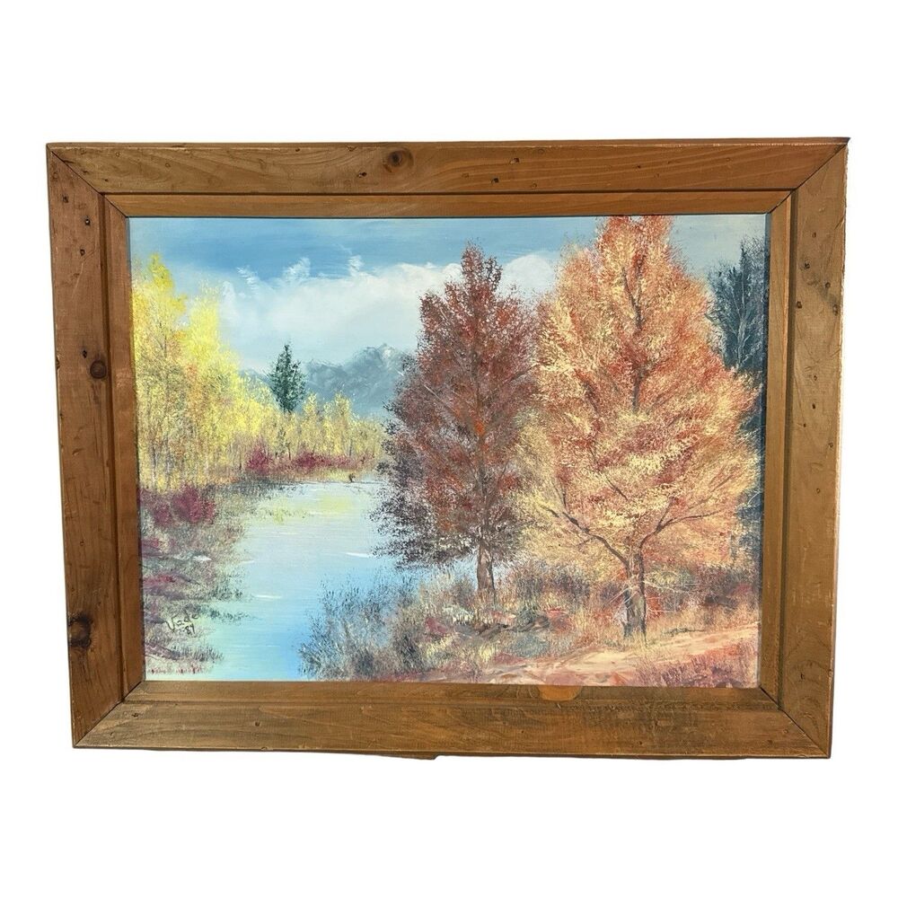 Vintage Autumn Leaves On River Oil Painting On Canvas Signed Rustic wood Frame
